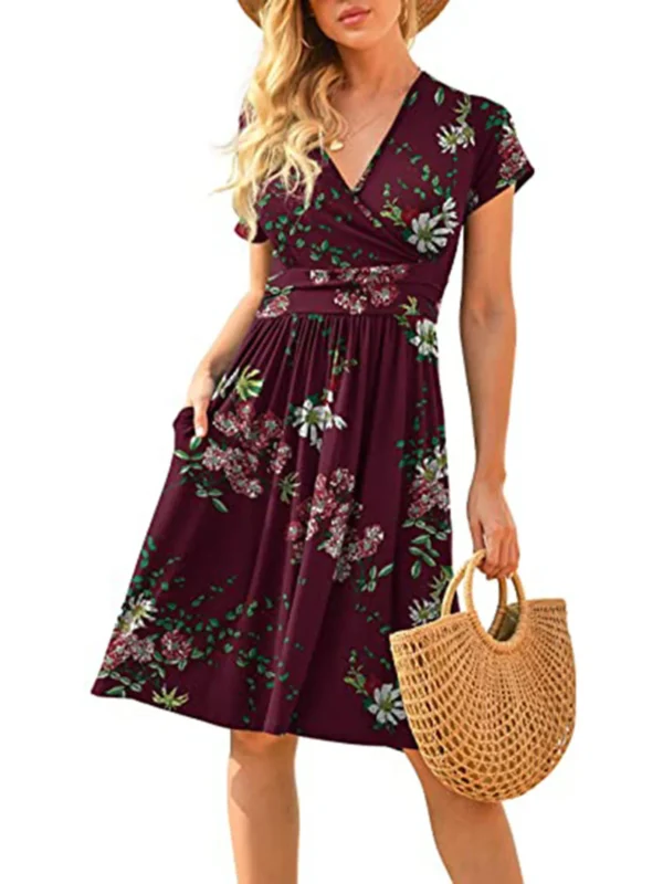 2024 Amazon Spring/Summer New Women's Long Skirt V-neck Short Sleeve Pocket Printed Loose Dress in Europe and America - Imagen 6