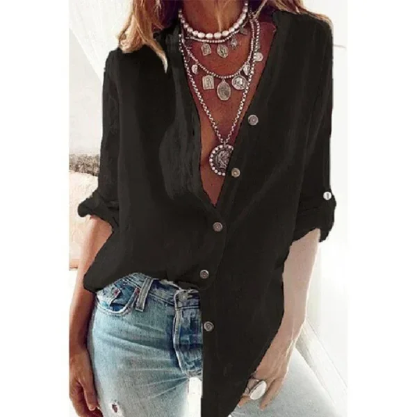 Summer Women's Cotton Linen Shirt Fashion Solid Color Casual Loose Button V-Neck Long Sleeve Top Commuter Wear - Imagen 3