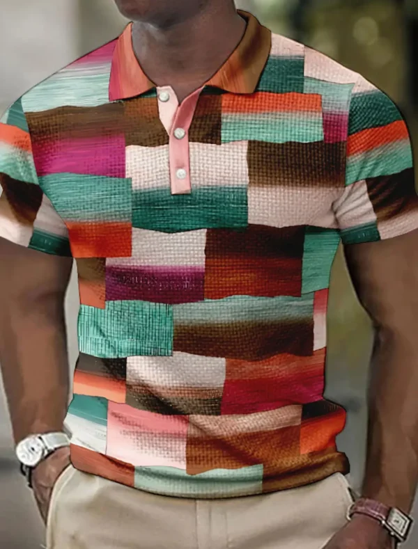 Men Polo shirt with lapels Polo buttons striped plaid pattern, 3D printed geometric cuffs outdoor street short-sleeved clothing - Imagen 4