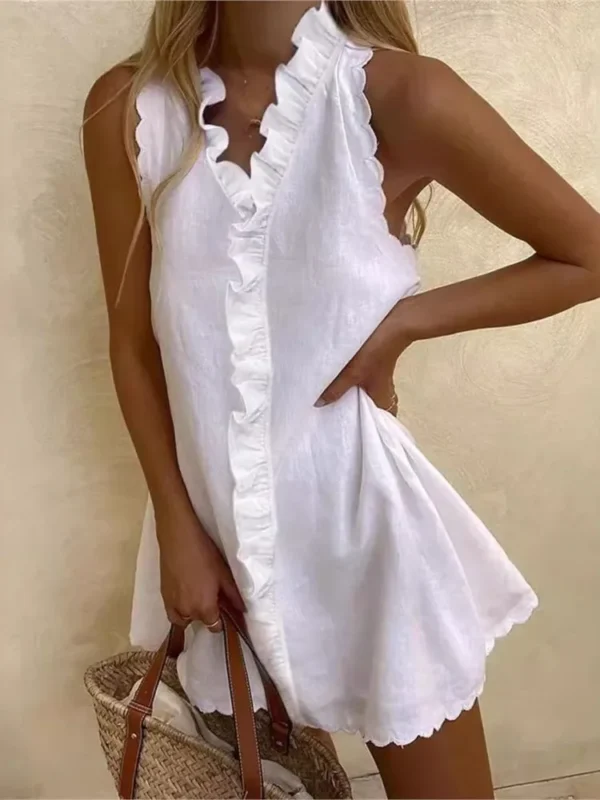 New Women Casual Cotton And Linen White Dress Summer V Neck Ruffles Sleeveless Elegant Boho Beach Party Mini Dresses Female Robe - Imagen 2