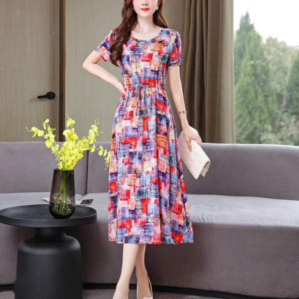 New Casual Summer Dresses For Women 2025 Fashion O-Neck Print Flowers Elegant Floral Party Dress Women Slim Women Clothing