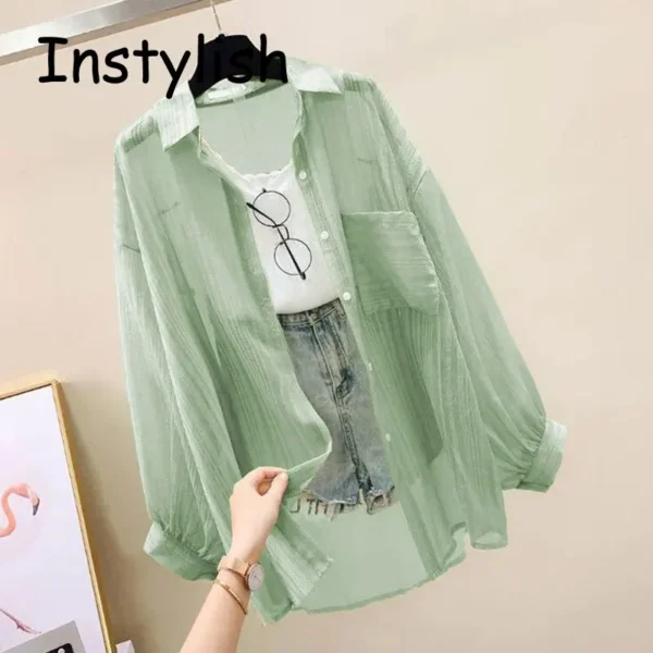 Women Elegant Long Sleeve Perspective Sheer Sunscreen Chiffon Blouse Korean Fashion Loose Shirt Women Summer Beach Cardigans - Imagen 4