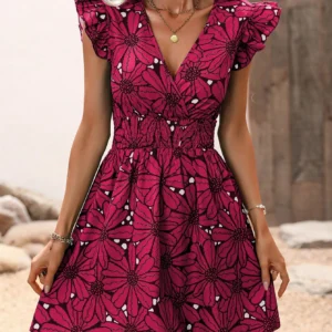 Fashion V-Neck Printed Dress Women's Petal Sleeve Mini Dresses Summer Party A-Line Dress Vestidos