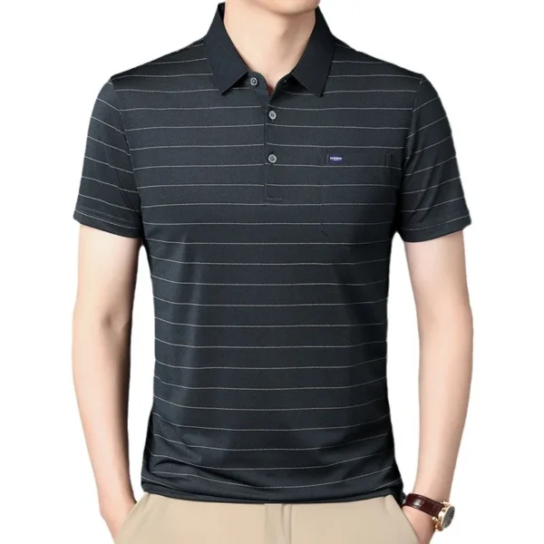 Men's Summer Short-sleeved Polo Shirt Middle-aged Men's Casual Fashion Collar Horizontal Stripe Sleeved Top Trendy Short T-shirt - Imagen 5