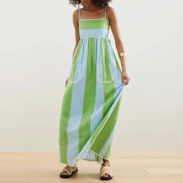 Combhasaki Women Summer Striped Adjustable Thin Spaghetti Straps Ric-Rac Trim Flowy Beachwear A-line Slip Cami Pocket Long Dress - Imagen 3