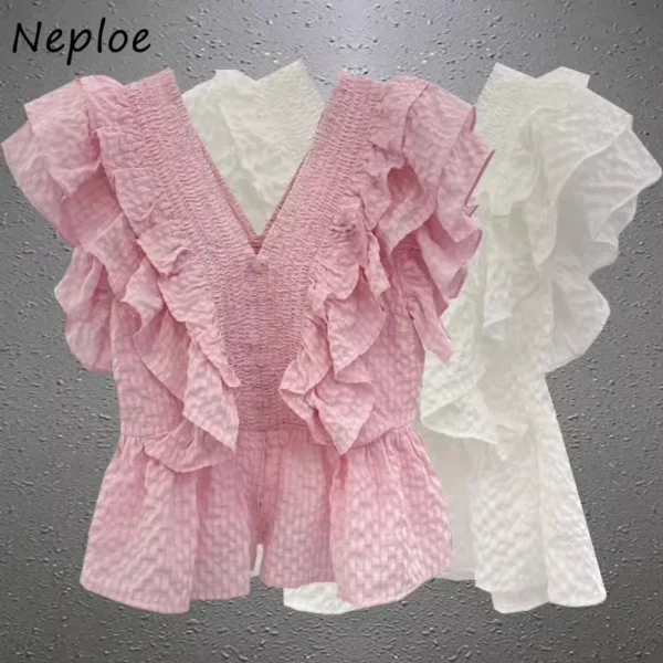 Neploe Elegant Sweet V-neck Ruffles Blusas Mujer 2025 Summer New Slim Fit Shirts Women Fashion All-match Backless Blouses