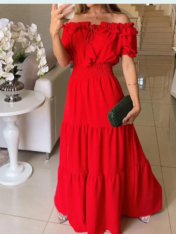 2025 Summer Solid Boho Dress Women Fashion Elegant Beach Party Dress Casual Slash Neck Office Maxi Dresses For Woman Robe Femme - Imagen 6