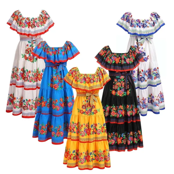 Mexican Traditional Ethnic Mexican Cinco De Mayo Summer Floral Print Off Shoulder Women Mexican Dress - Imagen 5