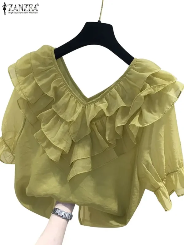ZANZEA Women Solid Ruffle Blouse Vintage 3/4 Sleeve V-Neck Chemise 2024 Summer Office Chiffon Shirts Casual Loose Stitching Tops - Imagen 6