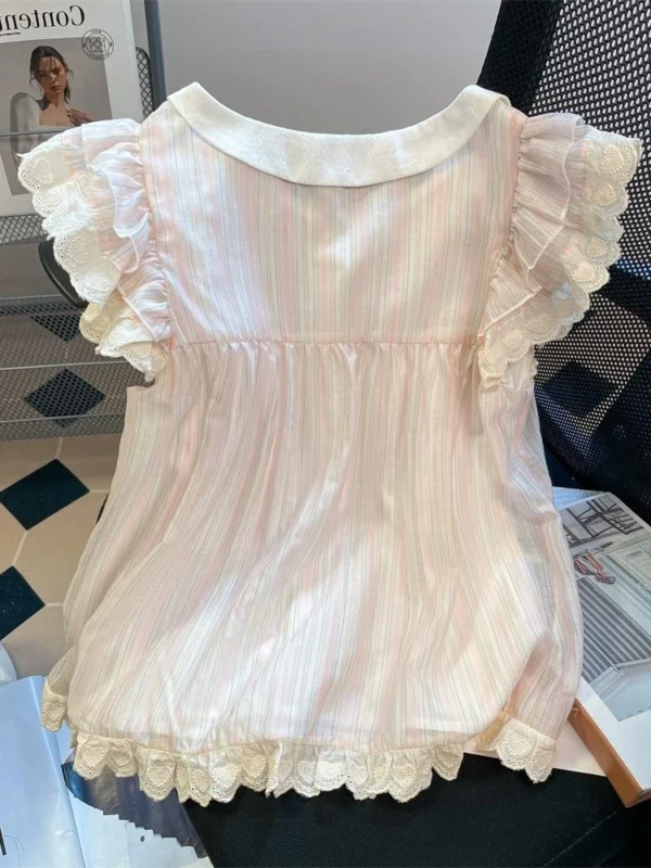 Zoki Women Cute Striped Shirt Vintage Sweet Lace Bow Flying Sleeve Kawaii Blouse Casual Summer Peter Pan Collar Lady Design Tops - Imagen 4