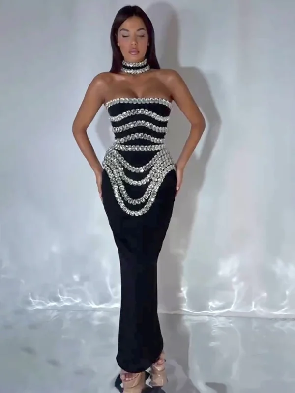 VC Black Strapless Long Dress Diamonds Embellished Bodycon Bandage Prom Celebrity Party Evening Gowns Dropshipping - Imagen 5