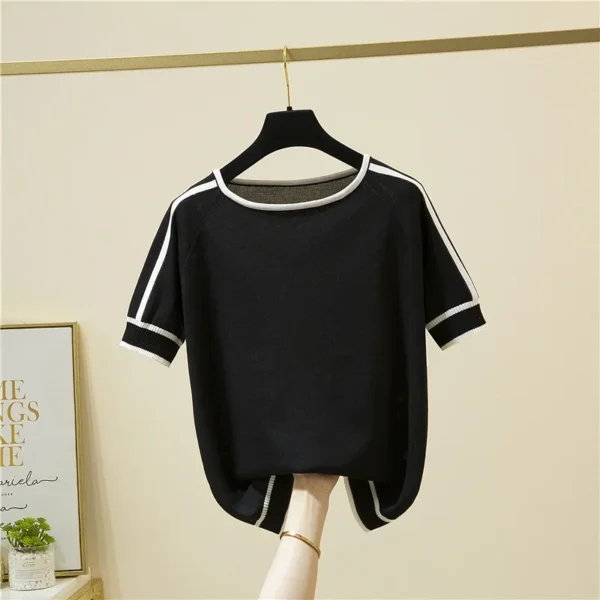 Summer Short Sleeve Women Blouse Knitted T-shirt Fashion Casual Shirt Elegant O Neck Tops - Imagen 4