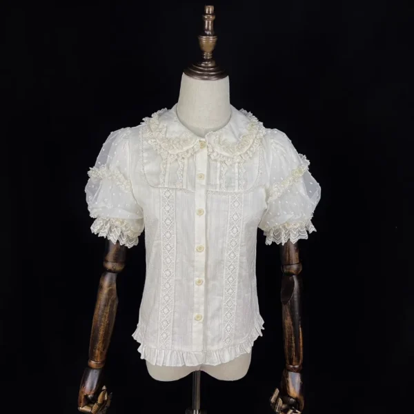 Japanese Lolita Style Blouses Sweet Girls Kawaii Lace Peter Pan Collar Short Sleeve Shirts Women Inside Top Vintage Blusas Mujer - Imagen 3