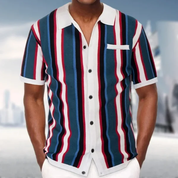 New Men's Summer Cardigan Knitted T-shirt Business High-end Slim Short Sleeve Lapel Striped Casual Fashion Polo Shirt Men M-3XL - Imagen 4