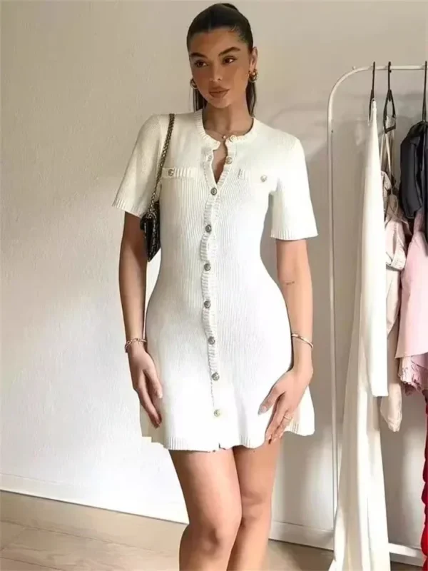 Trendix Elegant Knit Mini Dress Women Street Slim High Waist Short Sleeve Rib Sweater Dresses Vacation Bodycon Knitwear Dress - Imagen 6