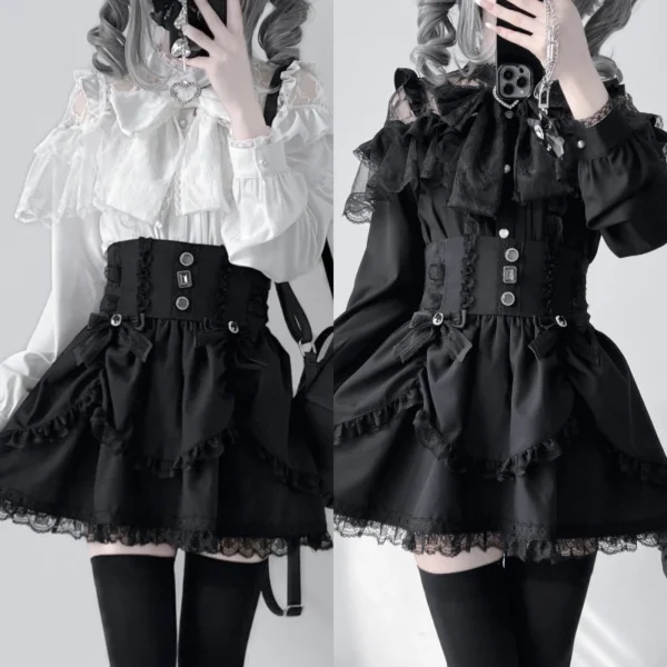 Japanese Kawaii Lolita Lace Patchwork Blouses Summer Women Harajuku Single Breasted Sweet Shirts Summer Girly JK Bow Tops Blusas - Imagen 5