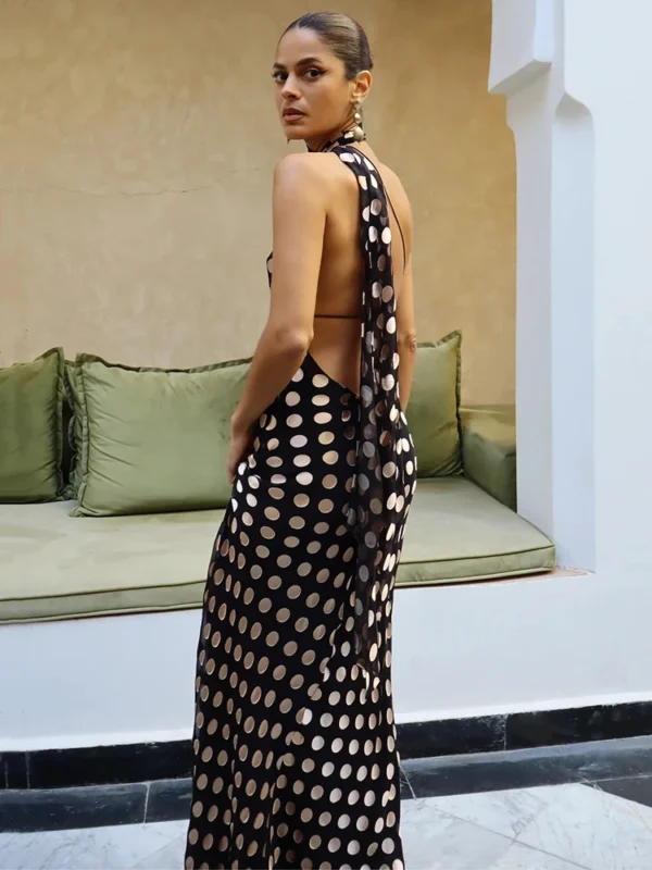 Mozision Round Plaid Printed Maxi Dress For Women Gown Halter Off-shoulder Sleeveless Backless Evening Club Long Dress Elegant - Imagen 4