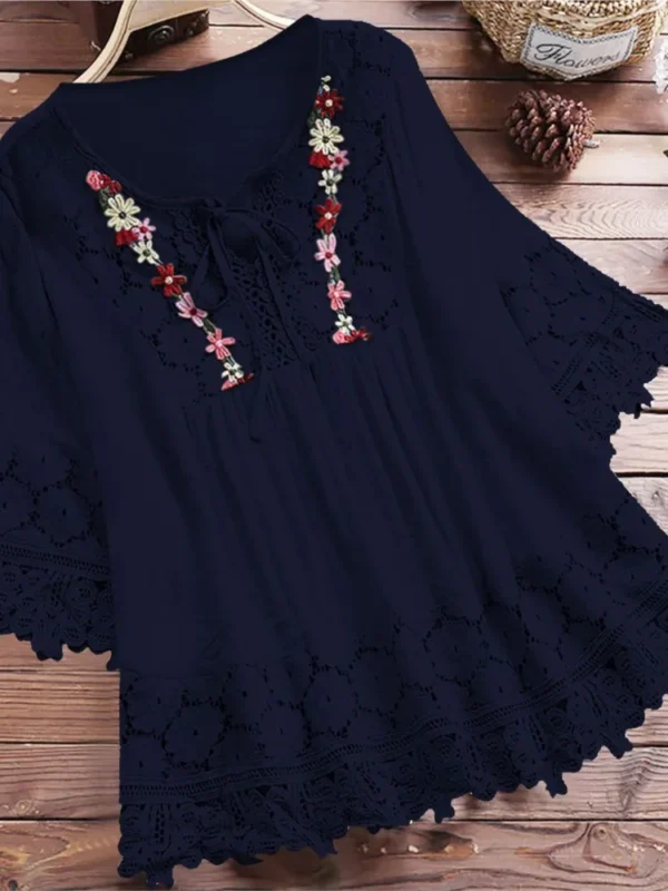 Summer Women Casual New Solid Shirt Tops Cotton And Linen Stitching Lace Flower V-neck Loose Top Blouse Elegant Holiday Shirts - Imagen 6