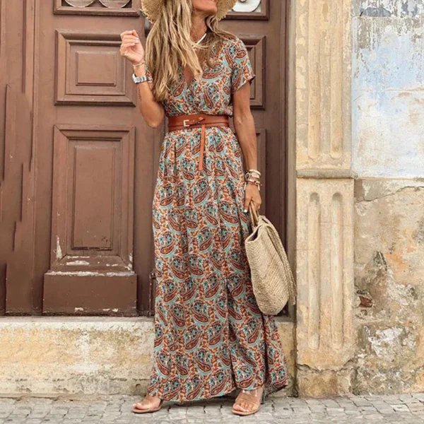 2024 Summer Bohemian Women's Long Dress V Neck Short Sleeve Floral Printed Beach Elegant Vintage Dress with Belt - Imagen 2