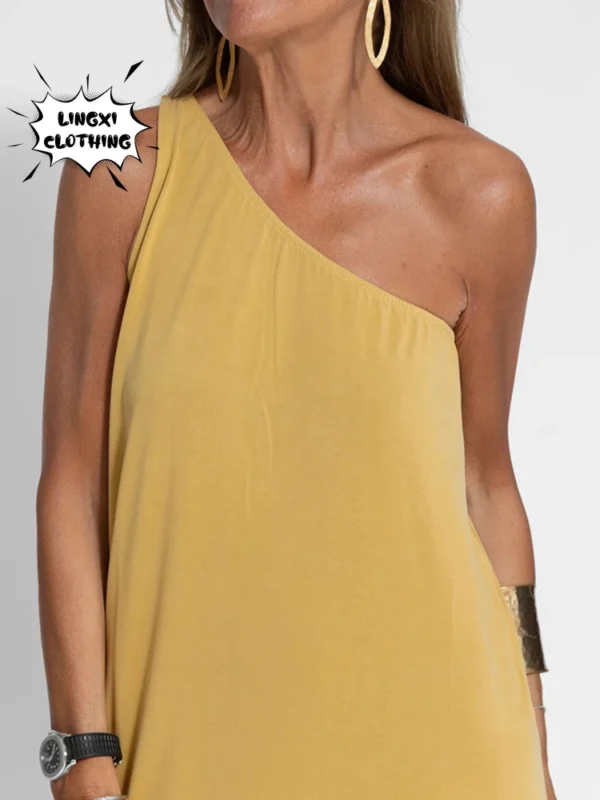 2023 Fashion Summer New One Shoulder Split Solid Tank Top Dress Women's Elastic Temperament Beach Vacation Beauty Long Dress - Imagen 2