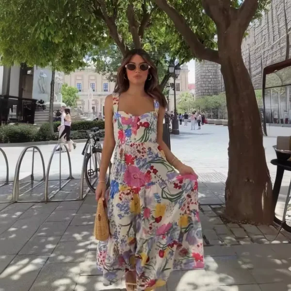2024 Summer Vacation Beach Printed Ruffles Strap Dress Fashion Casual Sleeveless Backless Patchwork Female Maxi Dresses Robe