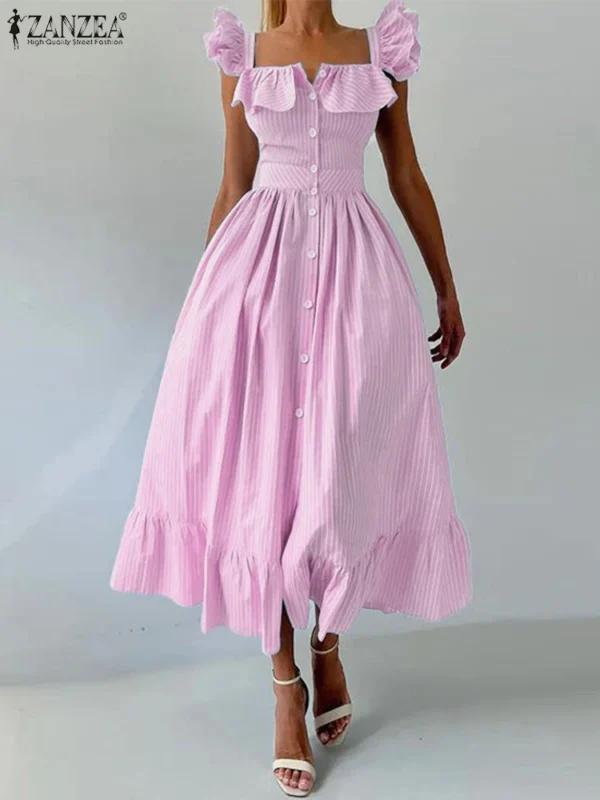 ZANZEA Women Fashion Ruffles Midi Dresses Bohemian Square Neck Sleeveless Striped Ruffled Hem A-line Robes Femme Vacation Style - Imagen 2