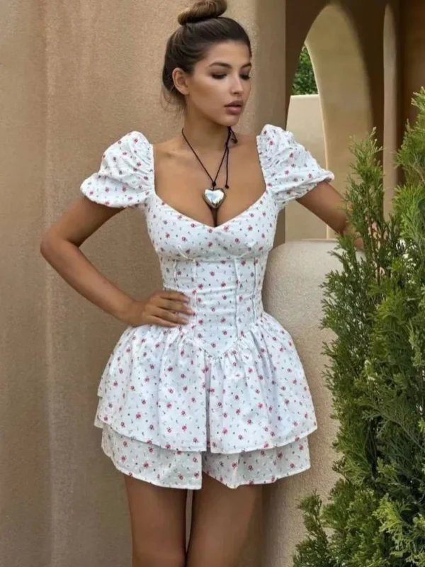 Square Neck Puff Sleeve Elegant Women's Dress 2025 Summer Fashion Back Waist Tie Print Dress Short Female Vestidos - Imagen 2