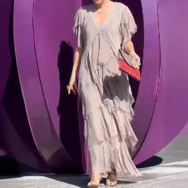 Women Dress Sexy Long Dresses V Neck Short Sleeve Ruffles Slim Mom Party Maxi Elegant Splice A Line Vestidos High Waist 2024 - Imagen 2