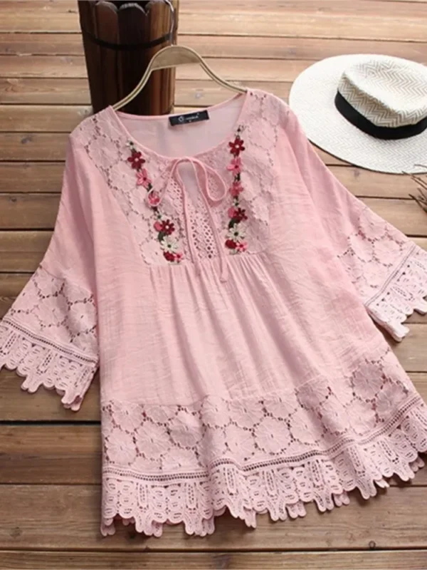 Summer Women Casual New Solid Shirt Tops Cotton And Linen Stitching Lace Flower V-neck Loose Top Blouse Elegant Holiday Shirts - Imagen 2