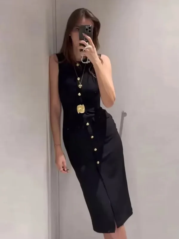 TRAFZA Women Casual Solid Belt Midi Dress O Neck Single Breasted Sleeveless Dresses Front Slit Slim Lady Elegant Evening Dress - Imagen 3