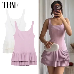 TRAF 2025 Pleated Mini Dress Women Jumpsuit Backless Short Dresses for Women Straps Playsuit Dress Woman Party Women's Dress