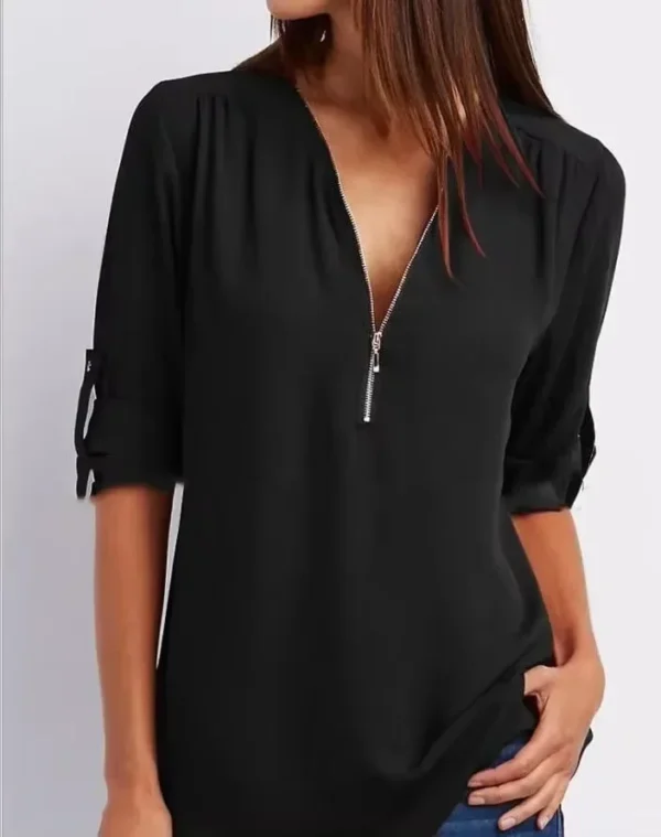 2025 Hot Sale Women Cool Loose Shirt Deep V Neck Chiffon Fashion Blouse Casual Ladies Tops Sexy Zipper Pullover Plus Size - Imagen 2