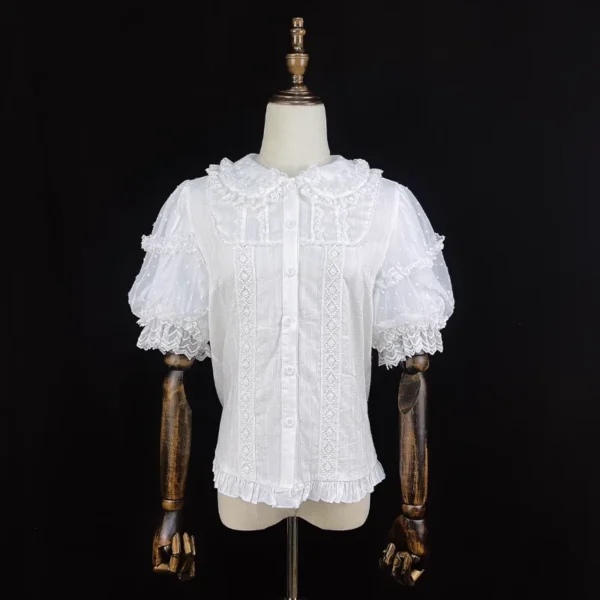 Japanese Lolita Style Blouses Sweet Girls Kawaii Lace Peter Pan Collar Short Sleeve Shirts Women Inside Top Vintage Blusas Mujer - Imagen 2