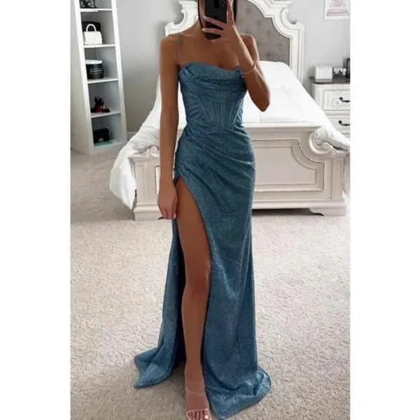Women's S-XL size Party Fashion Suspender Dress with A Straight Neckline Sleeveless Solid Color Slim Fit Slit Casual Long Dress - Imagen 4
