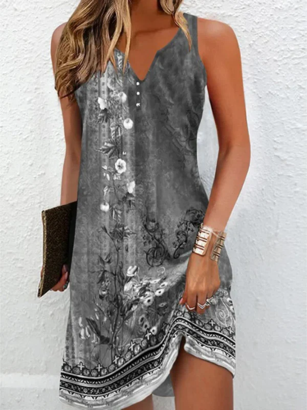 Women's Dresses 2023 Summer Vintage Flower Print Stitching V Neck Mini Dress Bohomian Sleeveless Button Plus Size Vestidos - Imagen 4