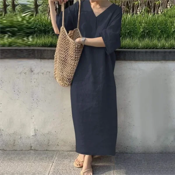 Cotton And Linen Dress For Women 2024 Summer Short Sleeve V-neck Solid Color Casual Loose Long Dress Elegant Women's Clothing - Imagen 4