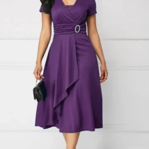 Summer Dresses Elegant Women Solid Color Short Sleeve V Neck Asymmetric Hem Waist Tight Midi Party Dress Ladies Evening Vestidos