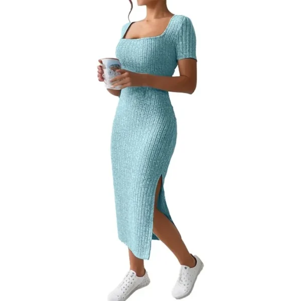 Summer Square Neck, Hip-Hugging Mid-Length Skirt, Short-Sleeved, Versatile Knitted Slit Dress - Imagen 3