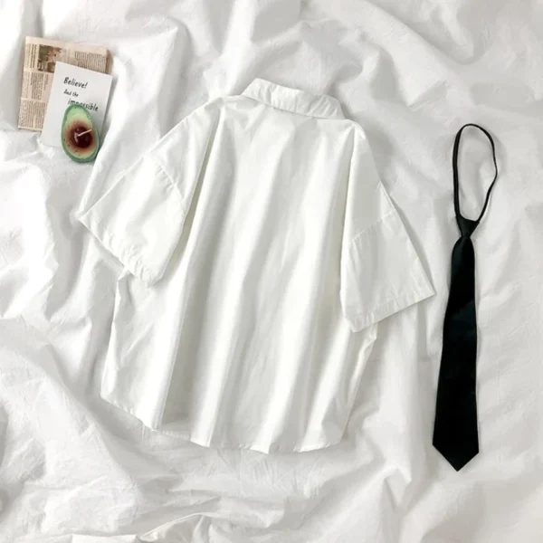 White Shirts Women Fashion Black Tie Japan Style Preppy Students JK Girls Blouse Simple Solid Loose Summer Button Up Tops New - Imagen 3