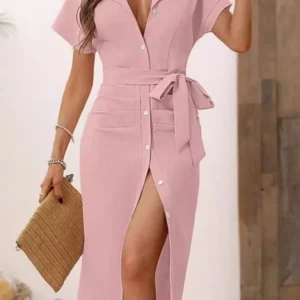 Women's Casual V Neck Short Sleeved Single-breasted Lace-up MIDI Dress Summer Solid Color Stylish Elegant Female Shirt Dresses