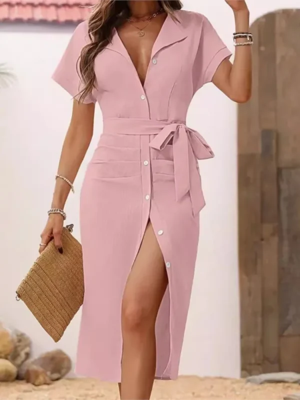 Women's Casual V Neck Short Sleeved Single-breasted Lace-up MIDI Dress Summer Solid Color Stylish Elegant Female Shirt Dresses