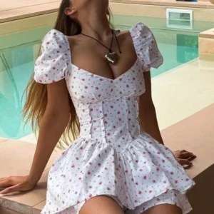 Square Neck Puff Sleeve Elegant Women's Dress 2025 Summer Fashion Back Waist Tie Print Dress Short Female Vestidos