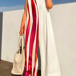 Yeezzi 2025 New Women's Contrast Color Striped Wide Leg Jumpsuits Summer Sleeveless Casual Fashion One Piece Suits Streetwear