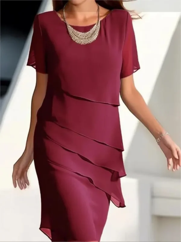2025 Summer Women's New Solid Color Midi Dress Fashionable Flash Ruffle Edge Round Neck Short Sleeved Casual Comfortable Dress - Imagen 2