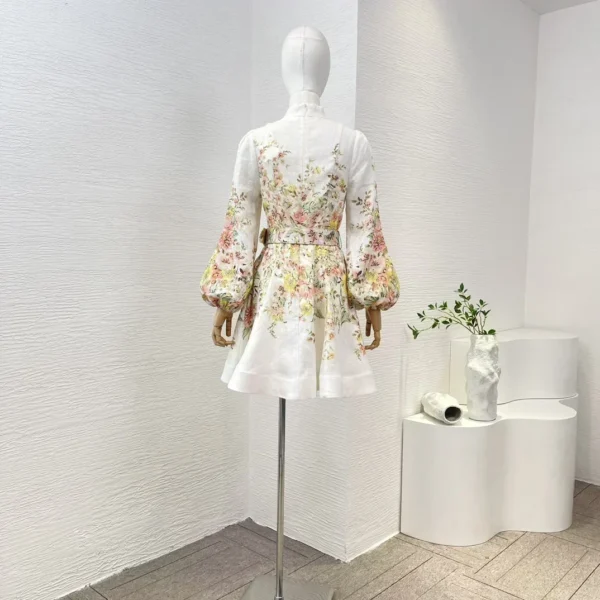 White Re-tro Floral Print 2024 New Spring Summer Elegant Collection Long Lantern Sleeve Belted High Quality Linen Mini Dresses - Imagen 3