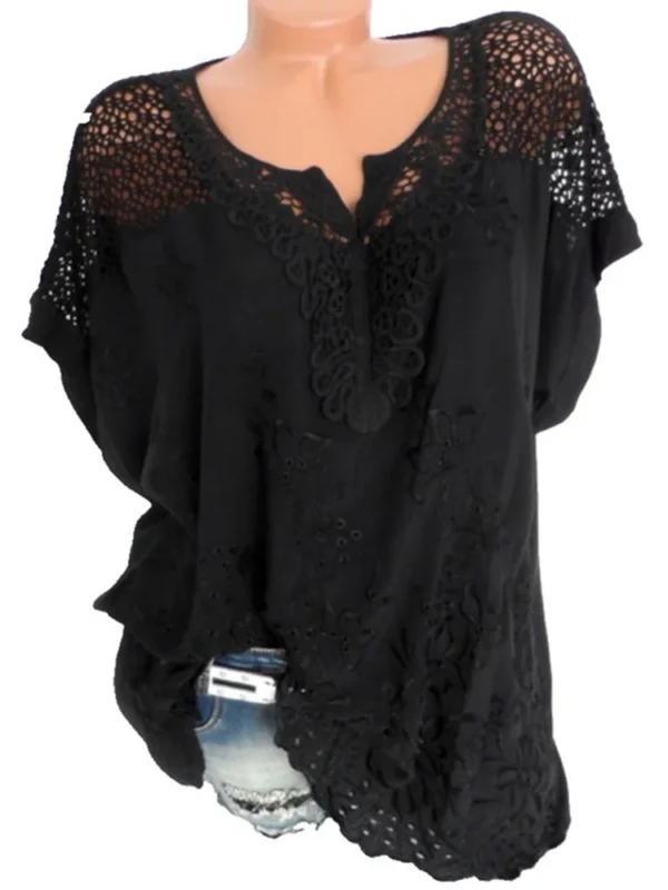 Large Size Loose Short-Sleeved Lace Women Blouses Cotton Blouses 2024 Summer V-neck White Shirt Tops Sexy Fashion Women Shirt - Imagen 5