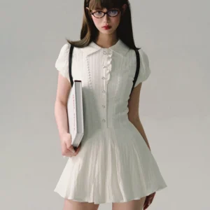 High Quality Dress A-line Elegant Sexy Lace Short Sleeved Shirt Skirt Commuting College Style Decoration Retro Dress Vestido Y2k