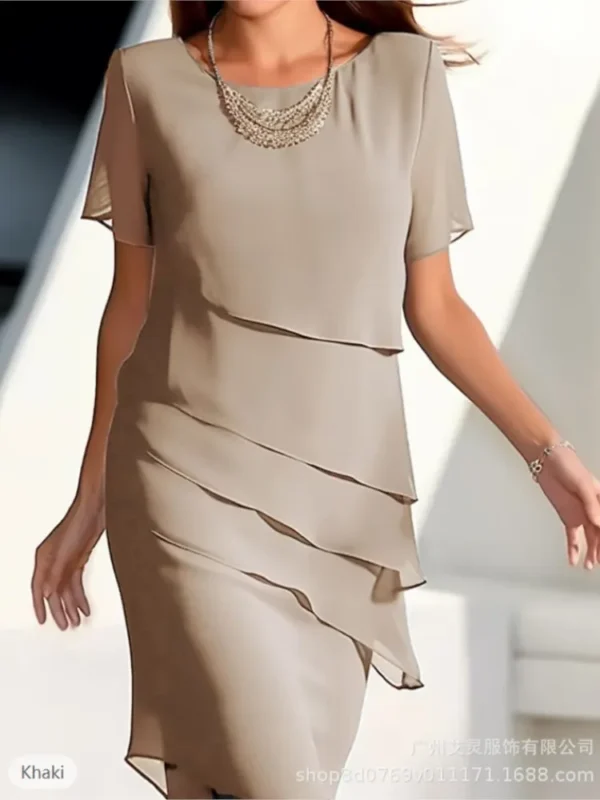 2025 Summer Women's New Solid Color Midi Dress Fashionable Flash Ruffle Edge Round Neck Short Sleeved Casual Comfortable Dress - Imagen 5