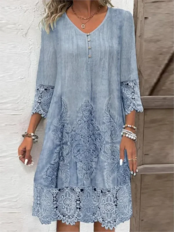2024 New Women's Spring Summer Solid Color Sexy Hollow Fashion Lace Lace Printed Casual Five Sleeve Knee Length Dress - Imagen 3