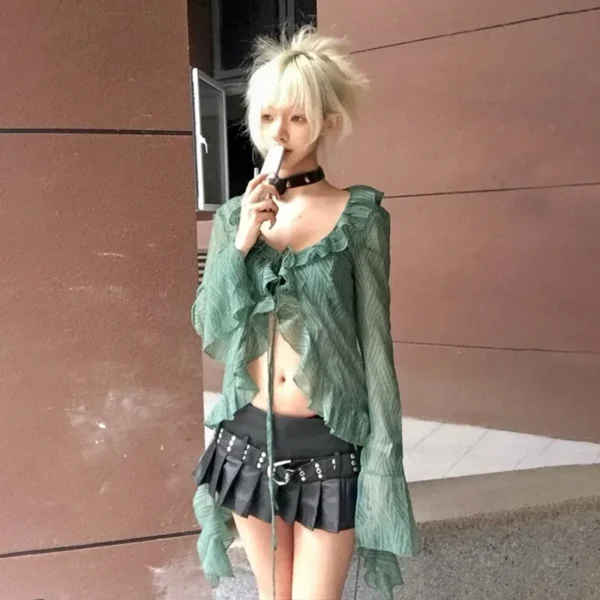Karrram Japanese Y2k Lace Shirt Vintage 2000s Style Ruffles Blouses Grunge Aesthetics Irregular Green Shirts American Retro 90s - Imagen 6